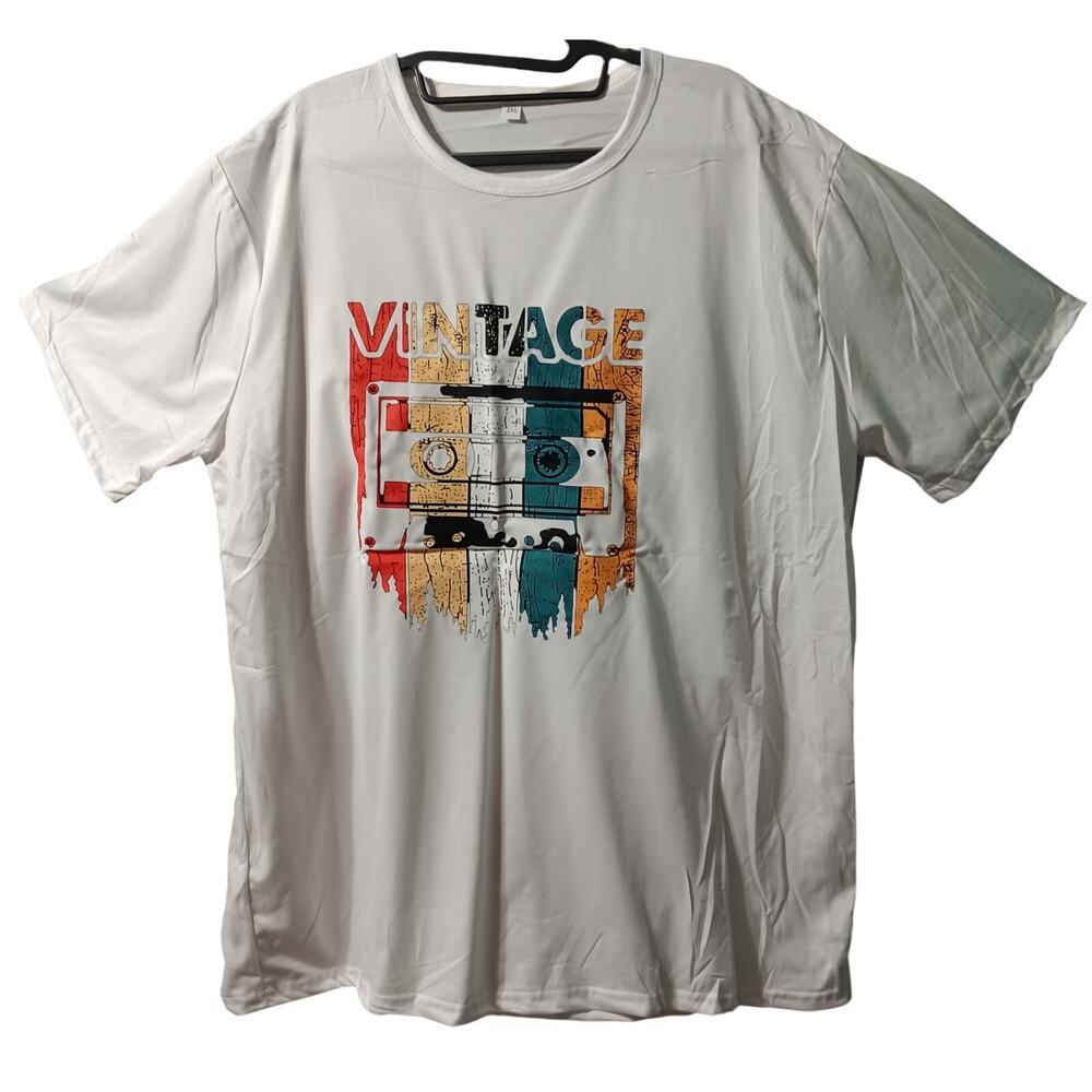 T-Shirt Unisex 2XL Says Vintage w Cassette Tape on it Temu Polyester? White